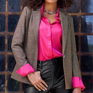 NWT Boston Proper Plaid Blazer Brown / Pink | Size 12